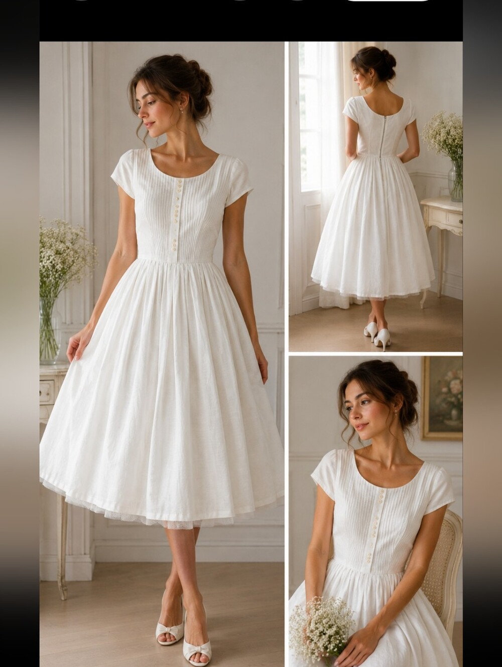 Vintage 1950s 1960s Handmade White Cotton Dress Pintuck Bodice Full Skirt XSDes